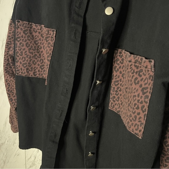 Leopard Black Cotton Button Denim Jacket SZ L - Picture 3 of 6